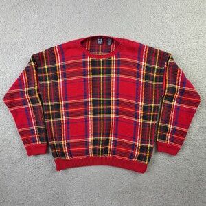 Vintage 90s GAP Knit Sweater Mens L Red Tartan Plaid Pullover Made in Taiwan